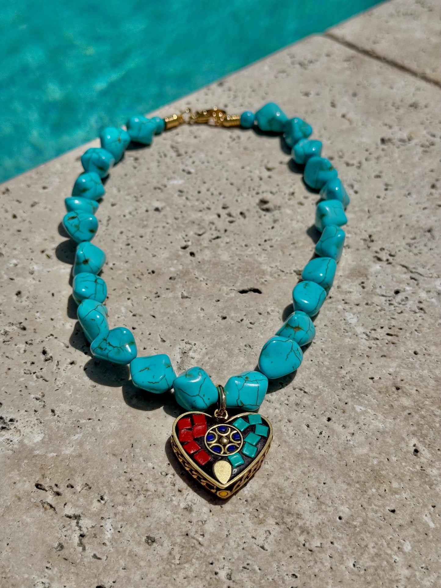 Turquoise Heart Mosaic Necklace | Turquoise Nugget Necklace | Beaded Necklace | Handmade Jewelry | Boho Necklace