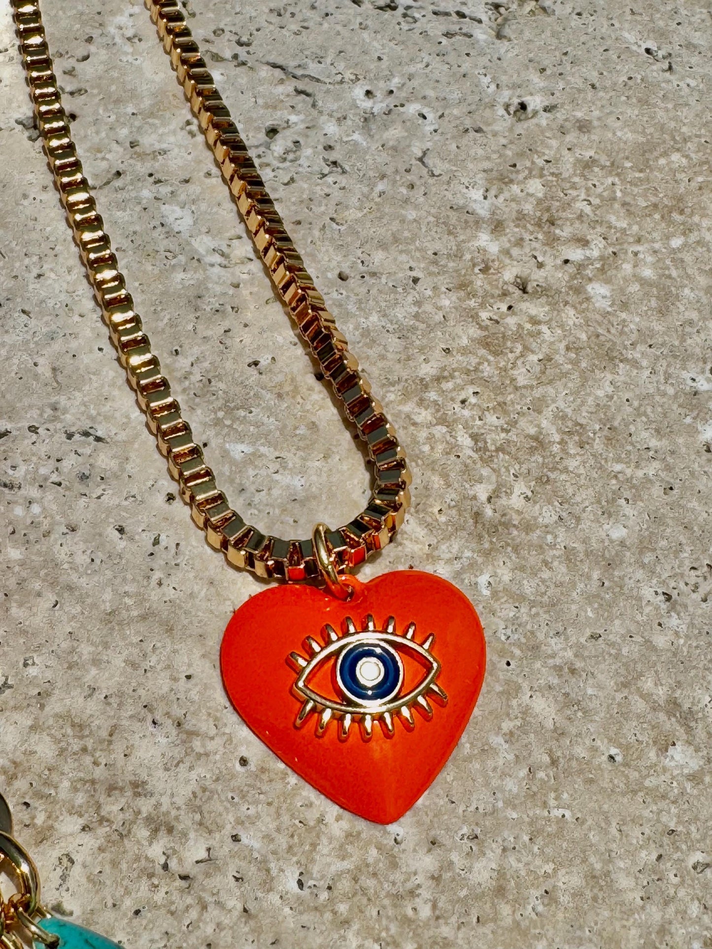 Coral Bamboo Beaded Necklace | Teardrop Charms Nekclace | Orange Evil Eye Heart Charm Choker | Colorful Gemstone Layered Necklace