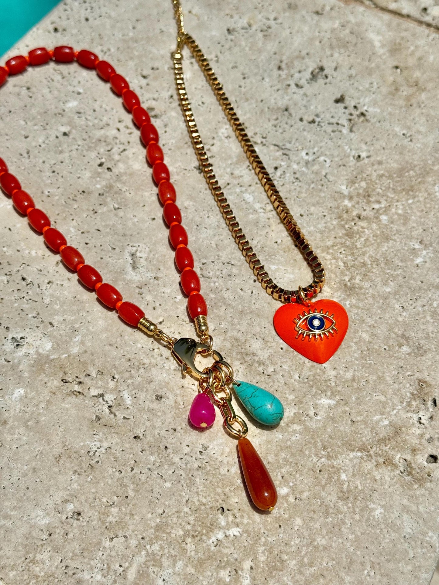 Coral Bamboo Beaded Necklace | Teardrop Charms Nekclace | Orange Evil Eye Heart Charm Choker | Colorful Gemstone Layered Necklace