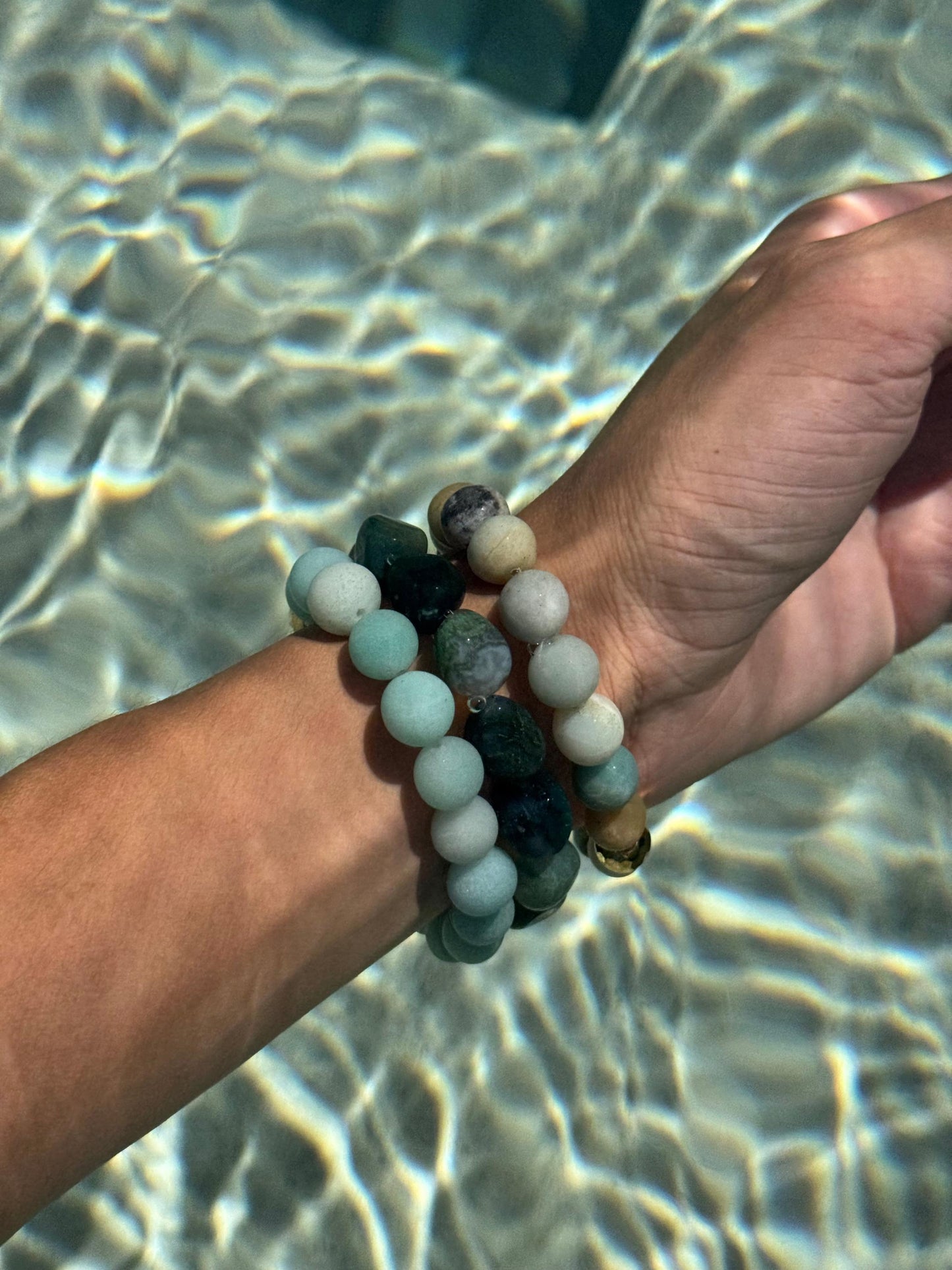 Acqua Bracelets - High-Quality Stretch Elastic - Frosted Amazonite Bracelet - Polished Amazonite Bracelet - Moss Agate Bracelet