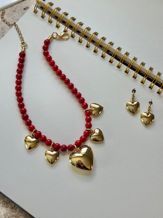 Red Jade Love Heart Necklace Set