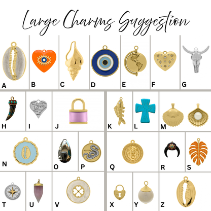 Grid of large charms with labels A to Z on a white background