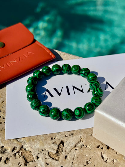 Handmade 10mm malachite bead bracelet in vibrant green – AVINZIA