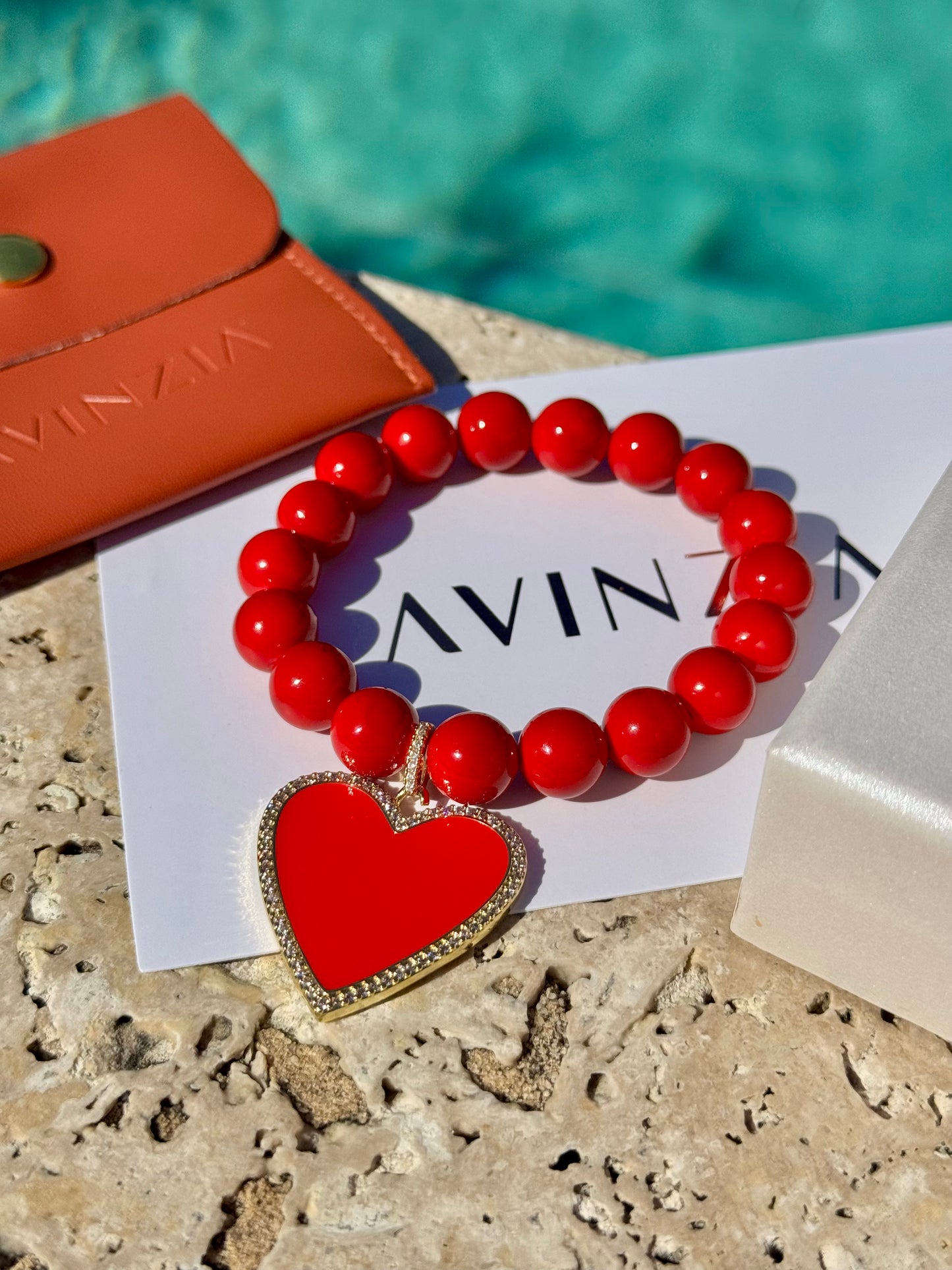 Red Jade with Pavé Heart Charm Bracelet