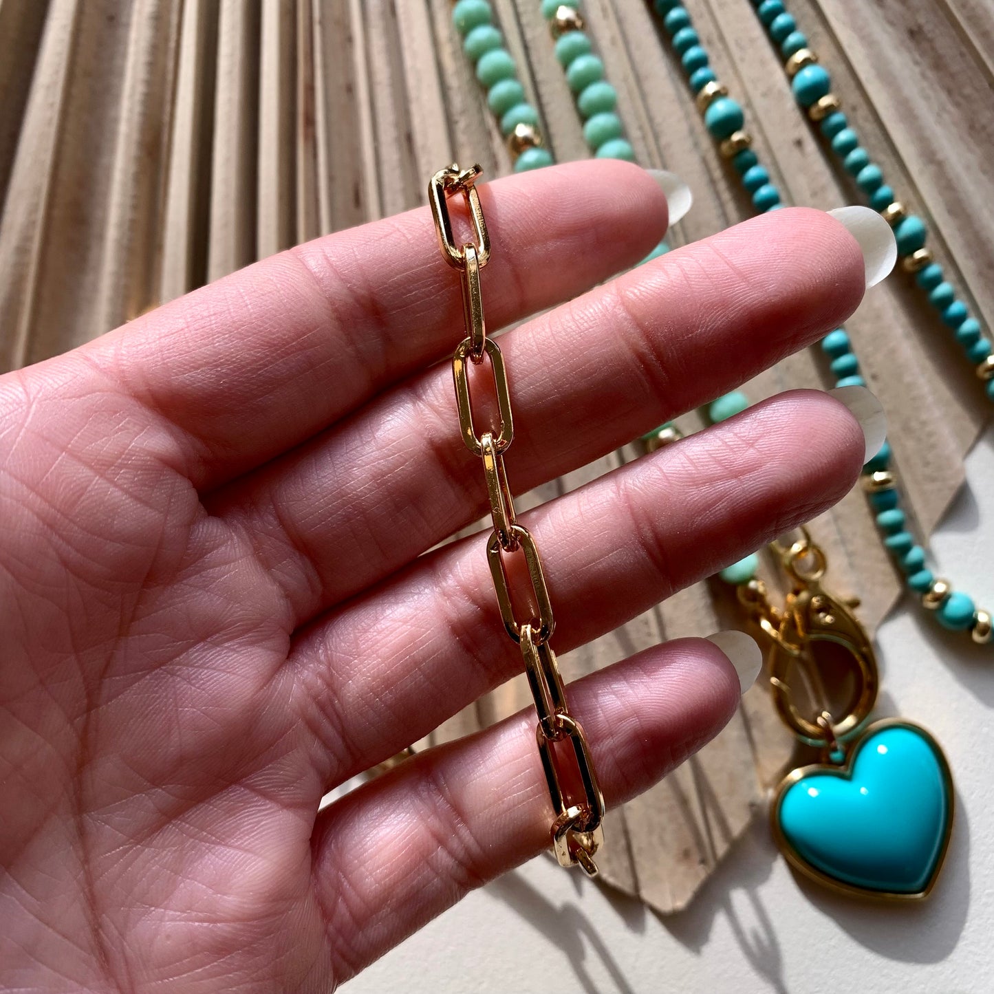 Green crystal beaded with large turquoise heart charm Beaded turquoise choker gold filled paperclip chain choker Teal jewelry Cute necklace