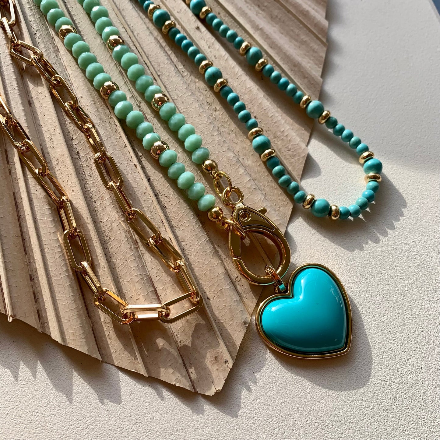 Green crystal beaded with large turquoise heart charm Beaded turquoise choker gold filled paperclip chain choker Teal jewelry Cute necklace