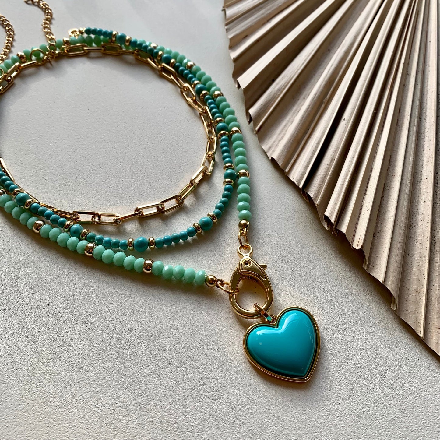 Green crystal beaded with large turquoise heart charm Beaded turquoise choker gold filled paperclip chain choker Teal jewelry Cute necklace