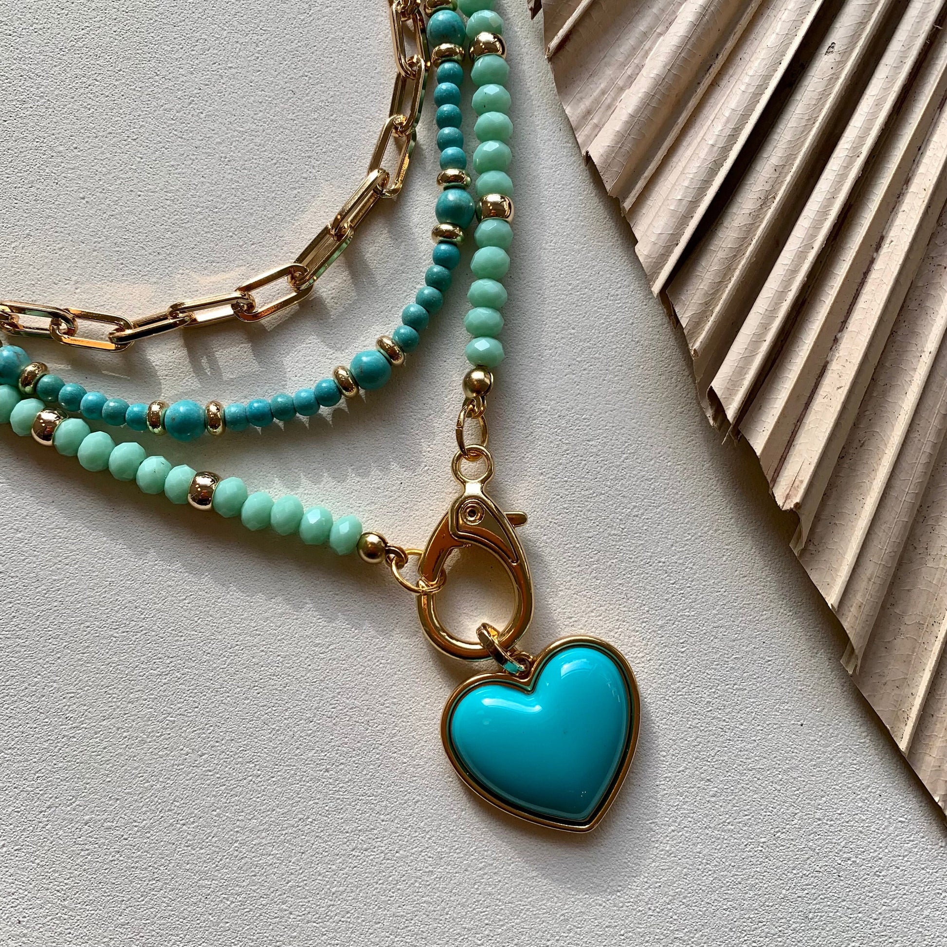 Green crystal beaded with large turquoise heart charm Beaded turquoise choker gold filled paperclip chain choker Teal jewelry Cute necklace