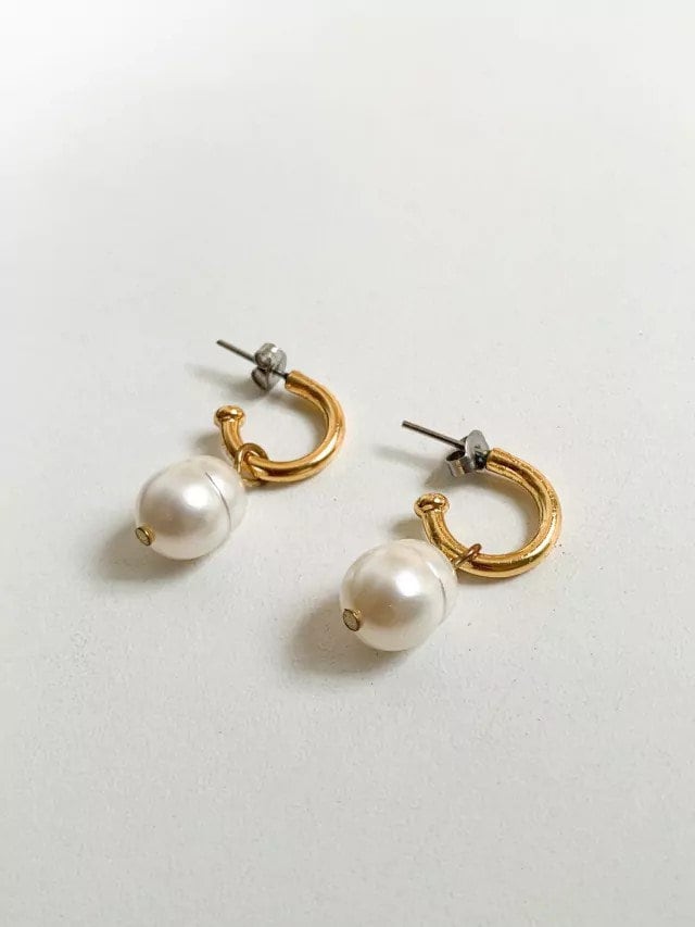 18K Gold Filled Pearl Earrings | Handmade Fresh Water Pearl Earrings Gold Hoop Earrings Vintage Drop Earrings Steel Dangle Earrings