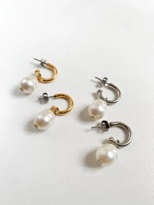 18K Gold Filled Pearl Earrings | Handmade Fresh Water Pearl Earrings Gold Hoop Earrings Vintage Drop Earrings Steel Dangle Earrings