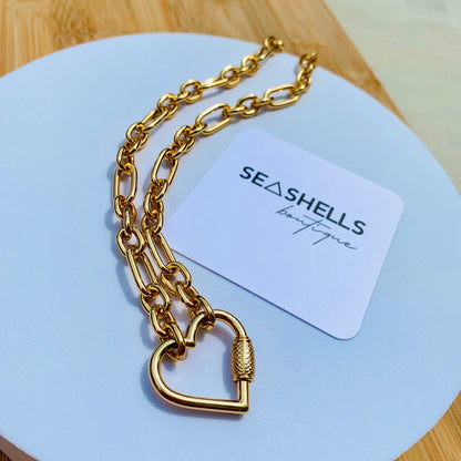 Carabiner charm holder necklace with heart pendant