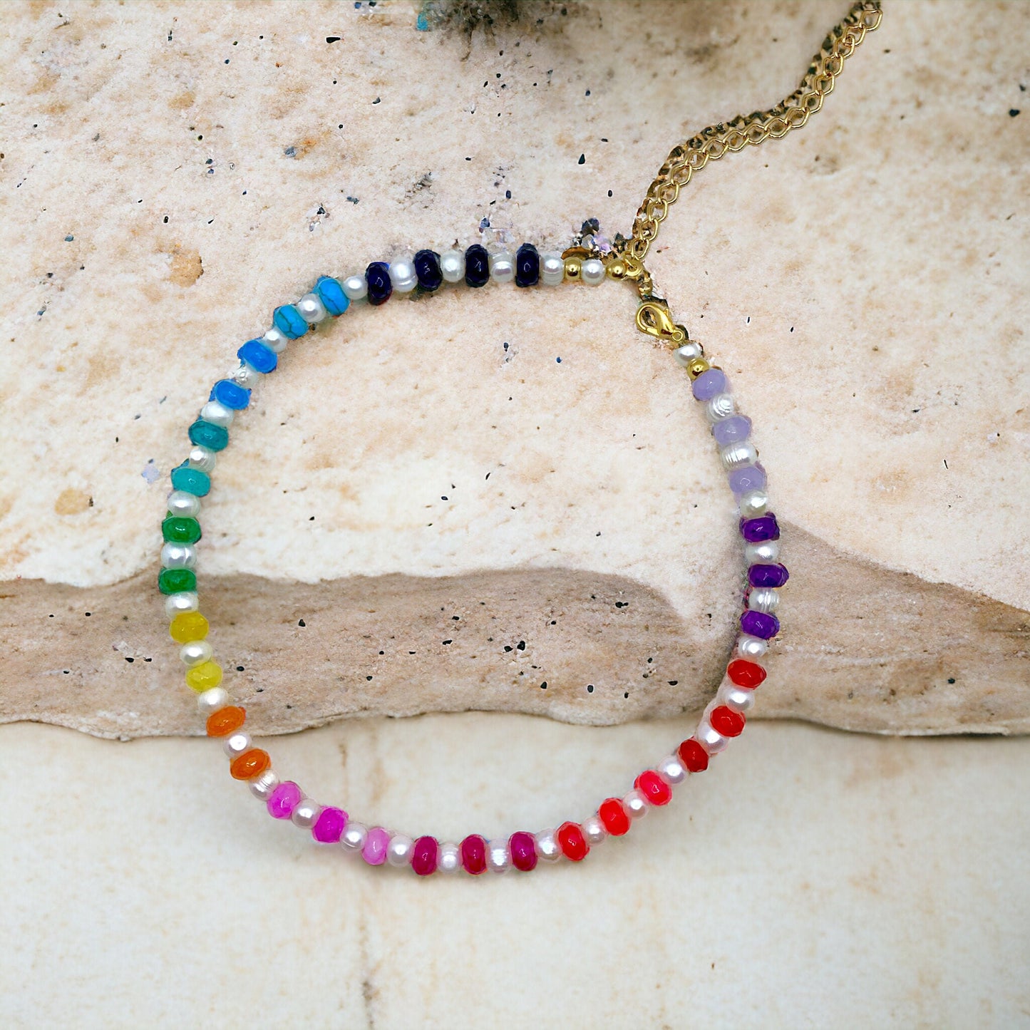 Rainbow stones necklace Layering necklace Colorful rainbow beaded necklace with pearls Beach necklace Vacay necklace Gift for her