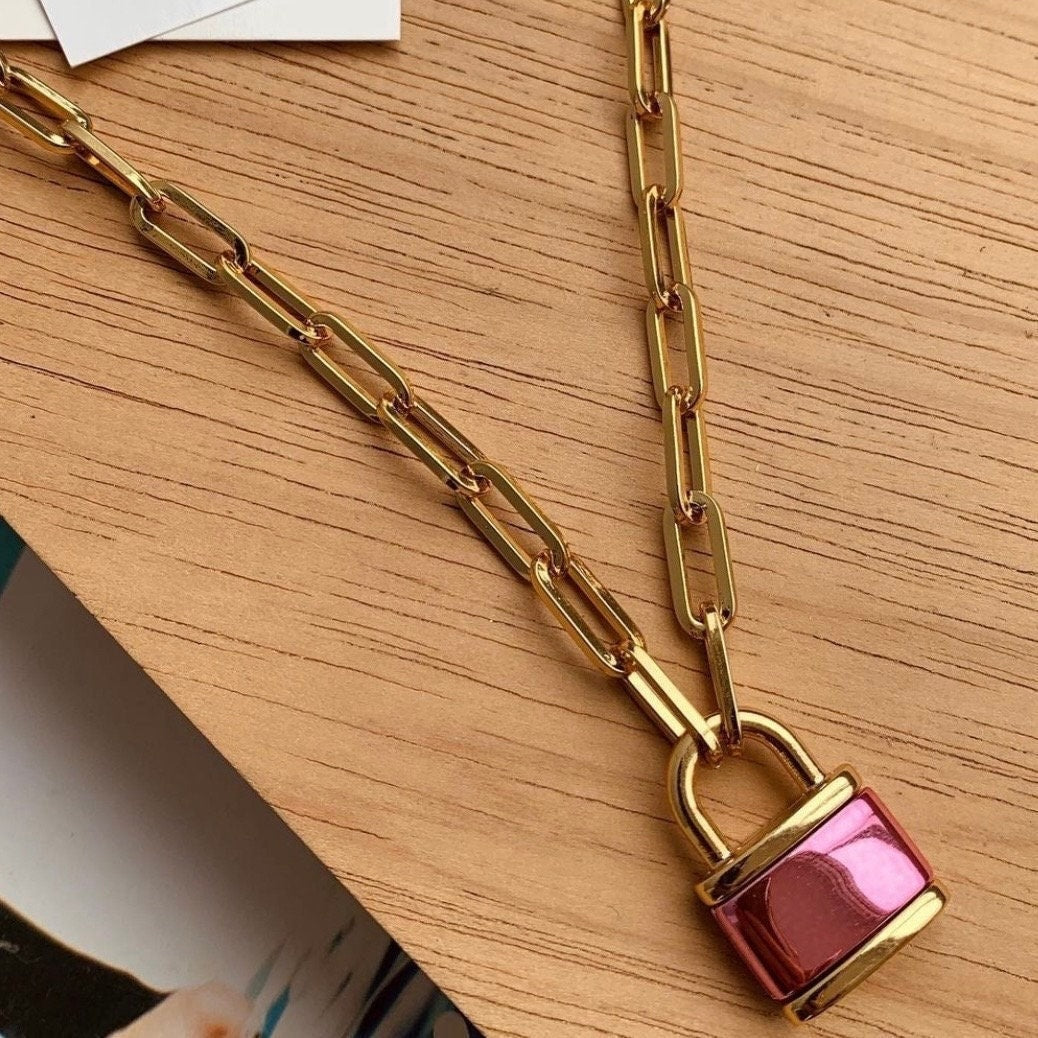 Pink Lock necklace Padlock pendant charm Hardware Necklace Oversized Padlock Necklace Paperclip Chain with duo tone lock charm Cute necklace