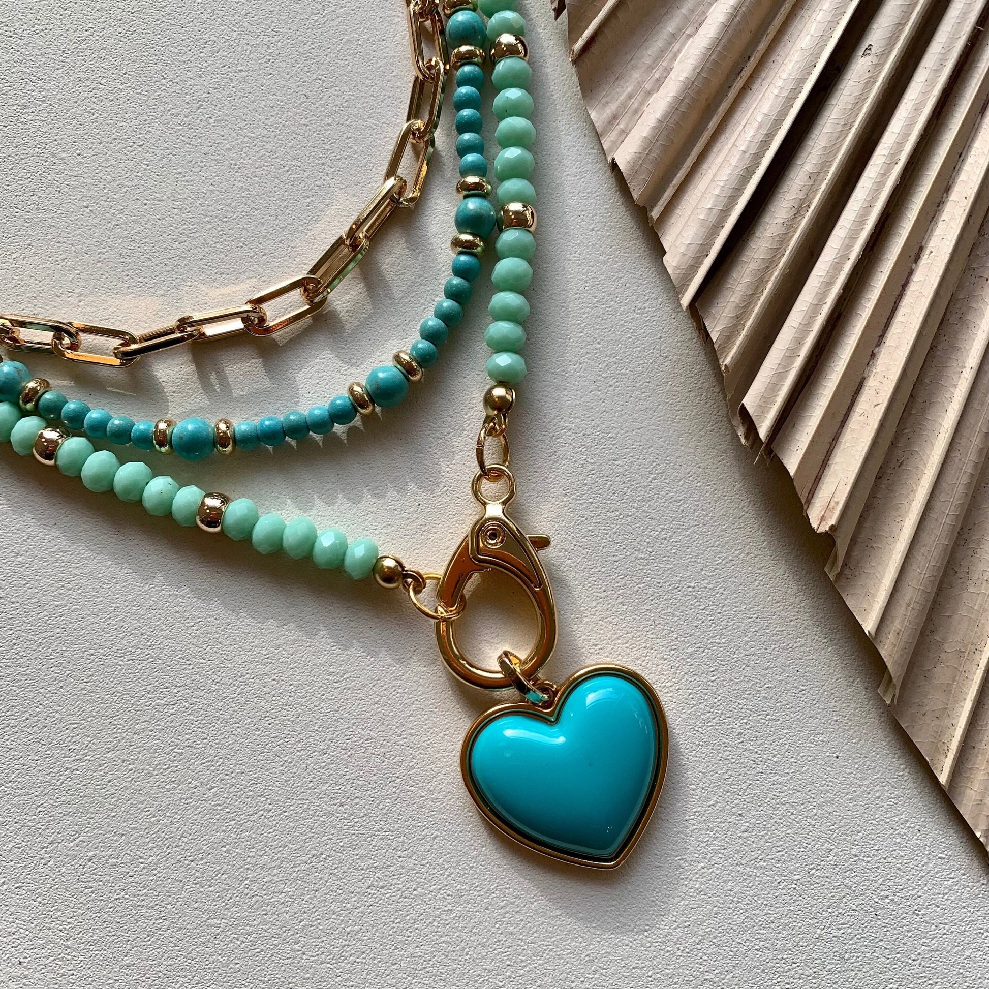 Turquoise Heart Necklace | Beaded Necklace Set | Paperclip Chain Necklace | Turquoise Beaded Layering Necklace Set, Personalized