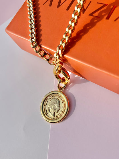 Gold Coin Charm Necklace | Cuban Chain Necklace | 18k Gold Layered Necklace