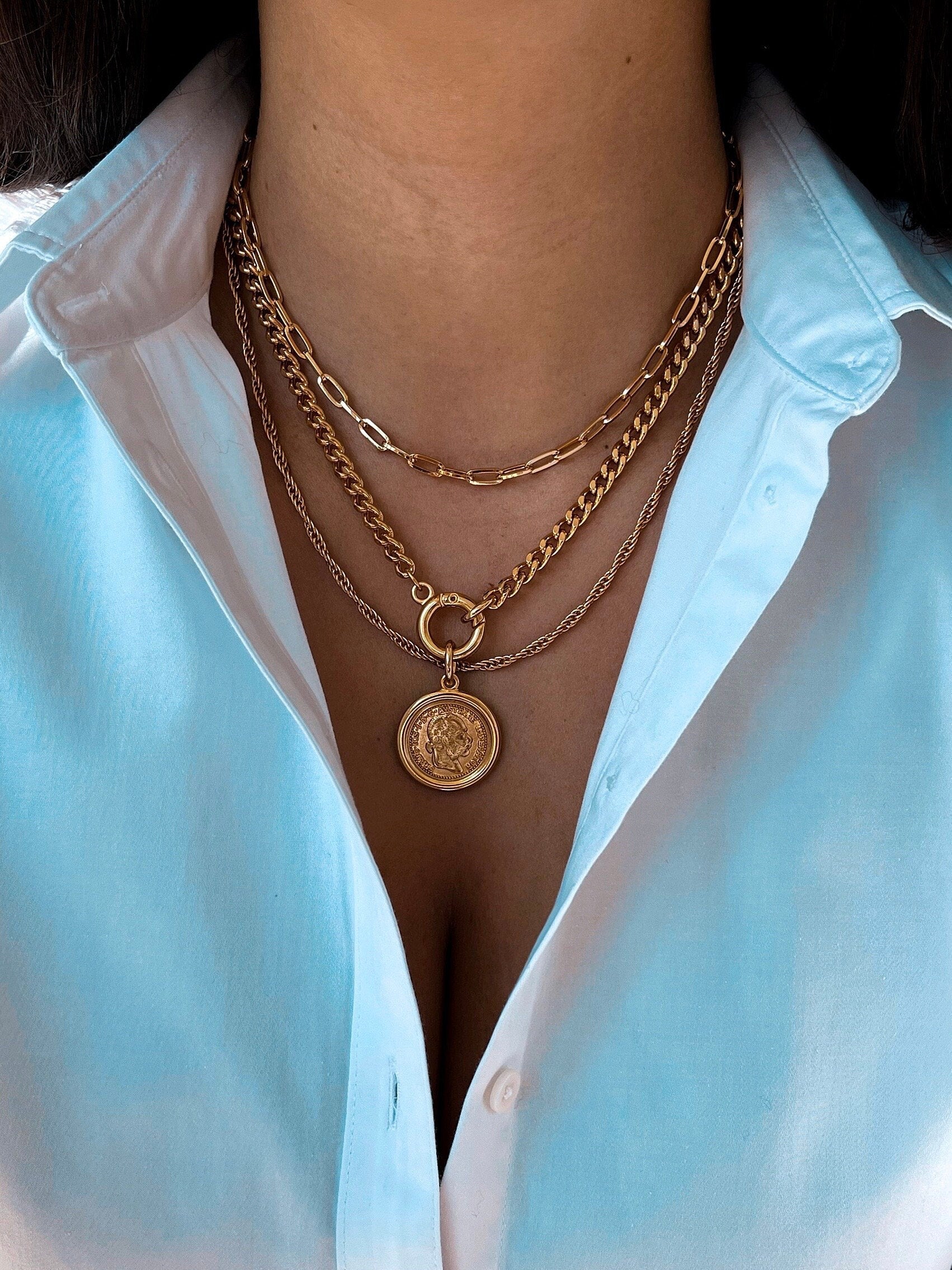 Gold Coin Medallion Necklace | Cuban Chain Layer | Layer Link Chain | Paperclip Necklace | 18k Gold Layered Necklace Set | Gold Necklace Set