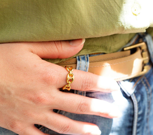 Gold Puffed Mariner Chain Ring | Puff Mariner Anchor Chain Ring | Minimalist Ring | Puffy Mariner Link Ring | Stack Ring