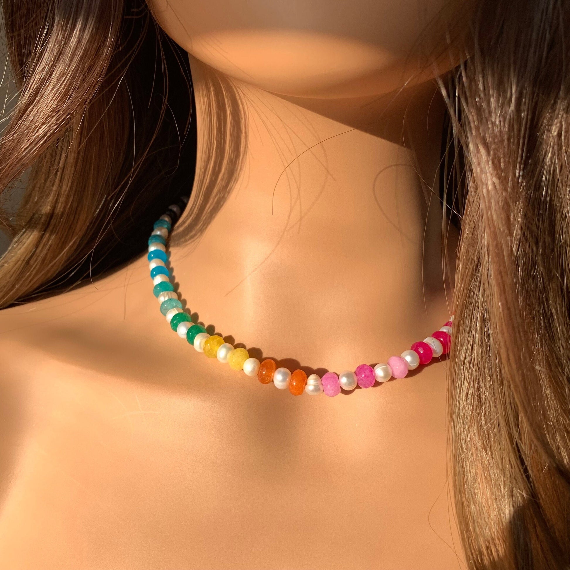 Rainbow stones necklace Layering necklace Colorful rainbow beaded necklace with pearls Beach necklace Vacay necklace Gift for her