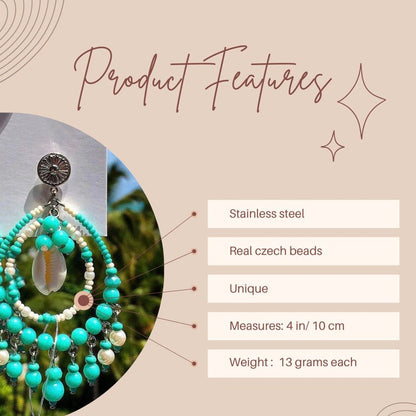 Beaded chandelier earrings in turquoise or silver tones by AVINZIA