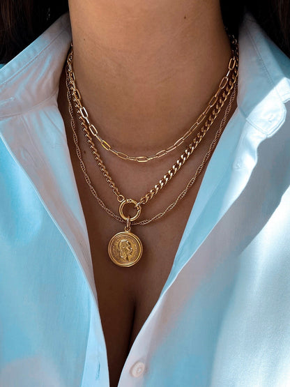 Gold Coin Charm Necklace | Cuban Chain Necklace | 18k Gold Layered Necklace