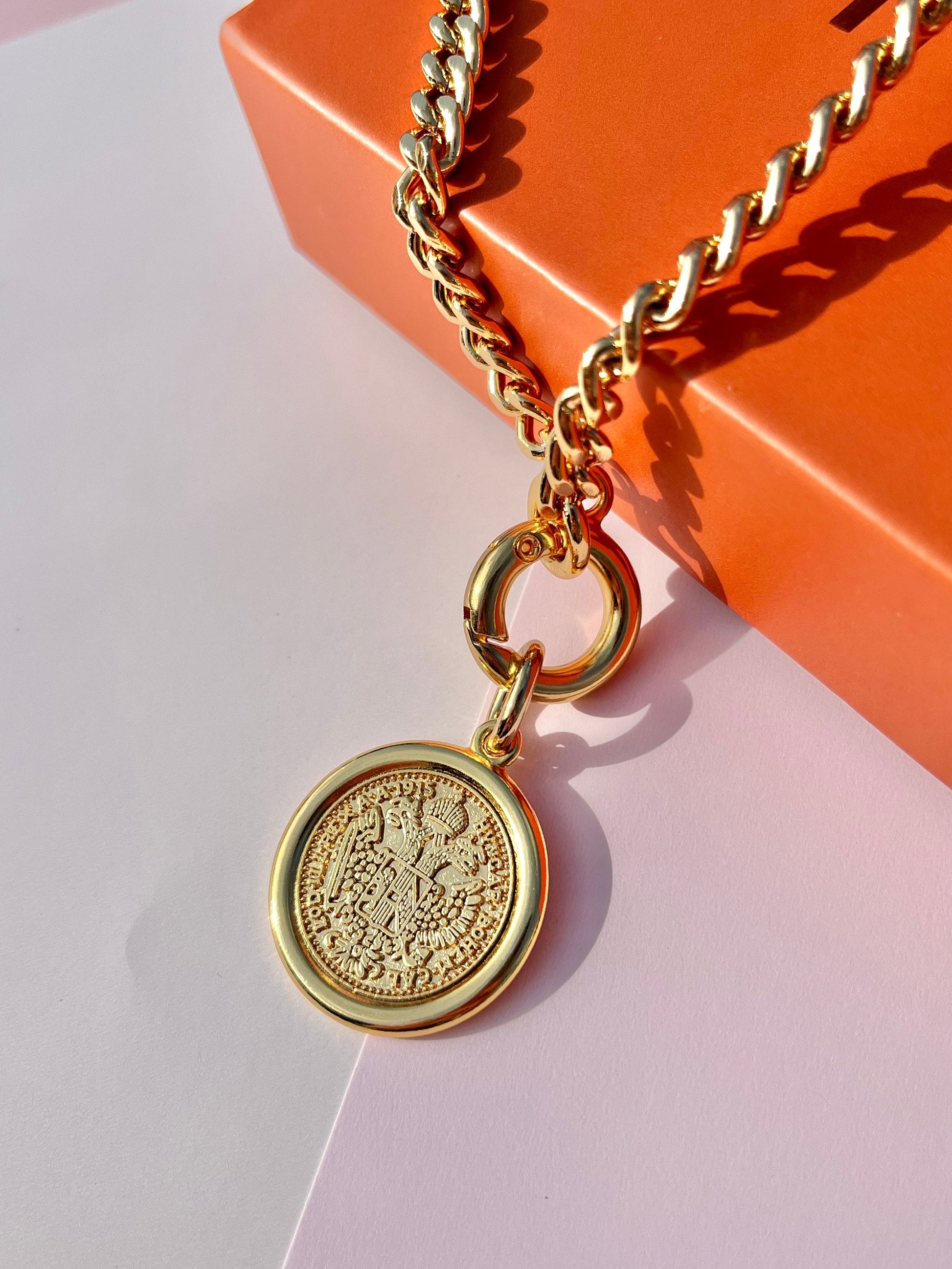 Gold Coin Charm Necklace | Cuban Chain Necklace | 18k Gold Layered Necklace
