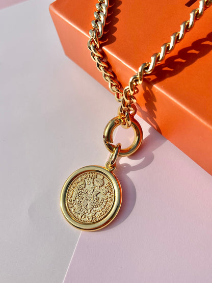 Gold Coin Charm Necklace | Cuban Chain Necklace | 18k Gold Layered Necklace