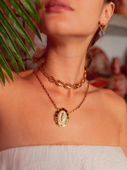 Gold cowrie medallion chain necklace, beach jewelry