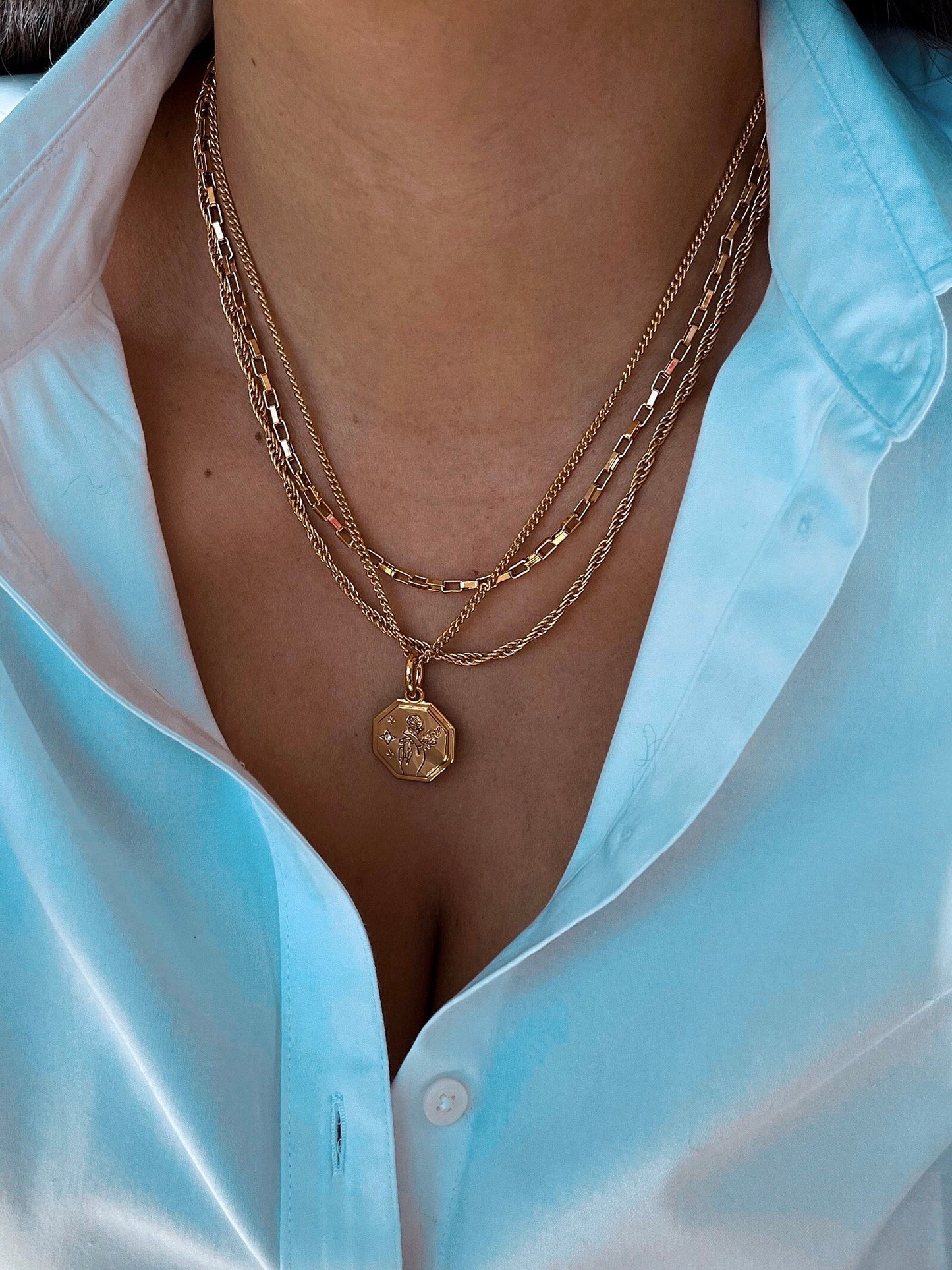 Gold Layered Necklace Set | Coin Necklace | Gold Necklace Set | Hand Holding a Flower Charm Necklace | Link Chain | Gold Rope Chain Necklace