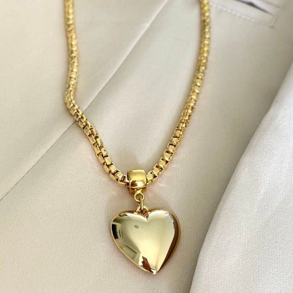 Gold love puff heart necklace | Large gold puffy love heart pendant | Heart Necklace charm | Big love Heart Pendant Necklace | Gift for her