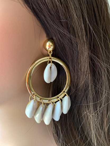 Cowrie Shell Earrings | Gold Hoop Chandelier Earrings | Seashell Bohemian | Summer Earrings for Women