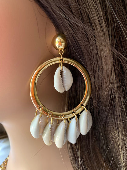 Cowrie Shell Earrings | Gold Hoop Chandelier Earrings | Seashell Bohemian | Summer Earrings for Women
