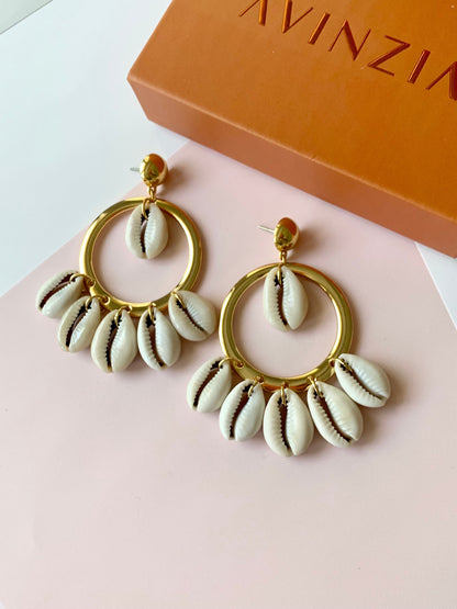 Cowrie Shell Earrings | Gold Hoop Chandelier Earrings | Seashell Bohemian | Summer Earrings for Women