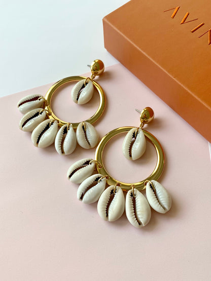 Cowrie Shell Earrings | Gold Hoop Chandelier Earrings | Seashell Bohemian | Summer Earrings for Women