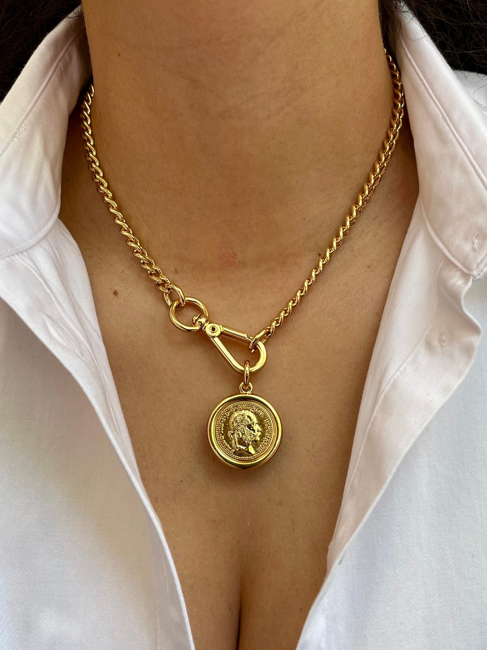 Large Front Clasp Necklace | Gold Coin Medallion Necklace | Cuban Chain Necklace Chain | Gift for Her