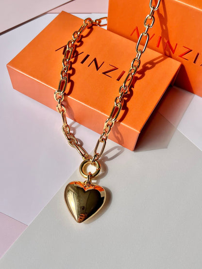 Gold love puff heart necklace with matching earrings - AVINZIA