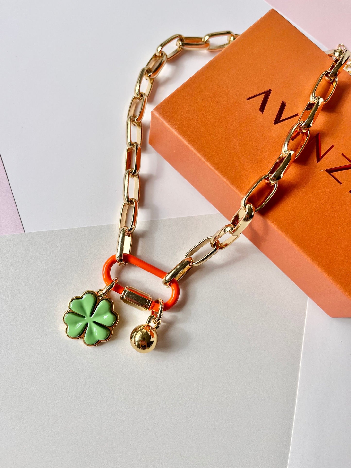 Shamrock Charm Necklace | Carabiner Necklace Chunky Paperclip Choker Necklace Green Four Leaf Clover Charm Necklace Gift For Mom
