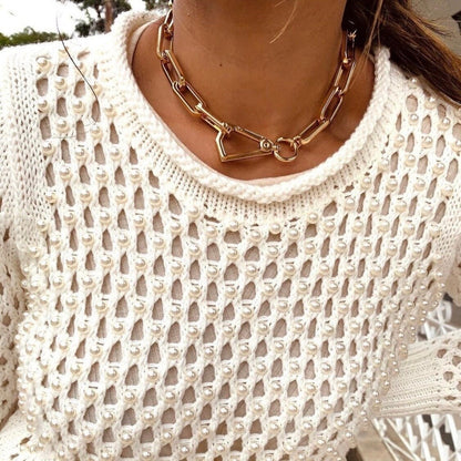 Gold chunky choker necklace with large padlock pendant by AVINZIA — handmade coastal jewelry