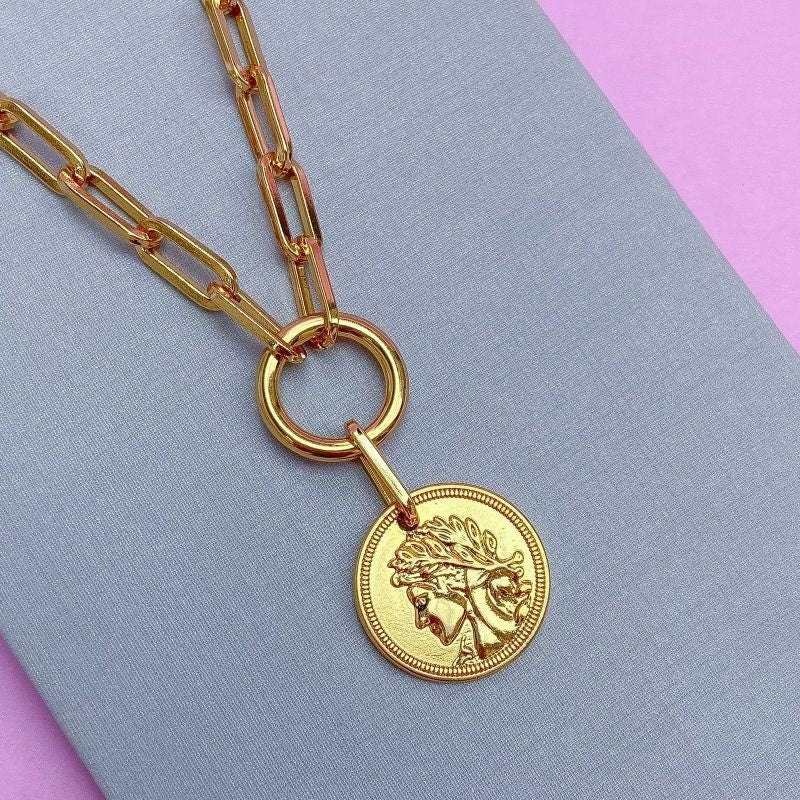 Roman Coin Necklace | 18k Gold Filled Necklace Set, Ancient Coin Medallion Necklace, Paperclip Chain, Removable Charm Necklace and Bracelet