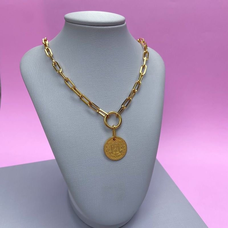 Roman Coin Necklace | 18k Gold Filled Necklace Set, Ancient Coin Medallion Necklace, Paperclip Chain, Removable Charm Necklace and Bracelet