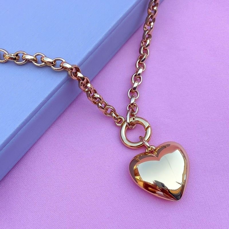 Gold Puff Heart Necklace | Heart Necklace, Puffy Heart Necklace, Puffed Heart Pendant, Chunky Heart Pendant, Front Clasp Charm Holder