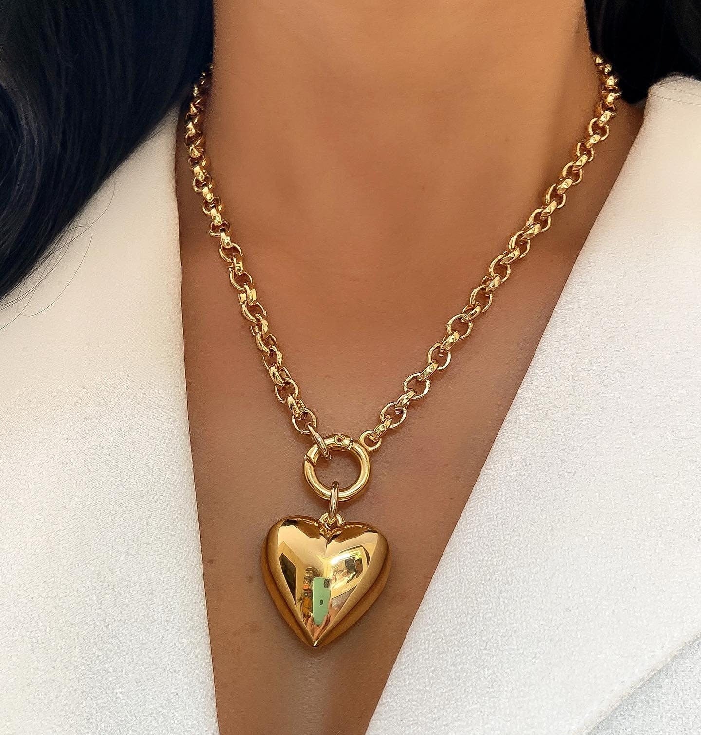 Gold Puff Heart Necklace | Heart Necklace, Puffy Heart Necklace, Puffed Heart Pendant, Chunky Heart Pendant, Front Clasp Charm Holder