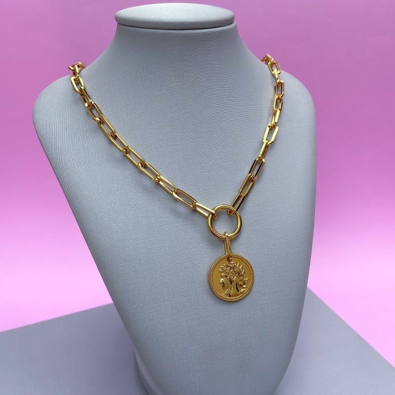 Roman Coin Necklace | 18k Gold Filled Necklace Set, Ancient Coin Medallion Necklace, Paperclip Chain, Removable Charm Necklace and Bracelet