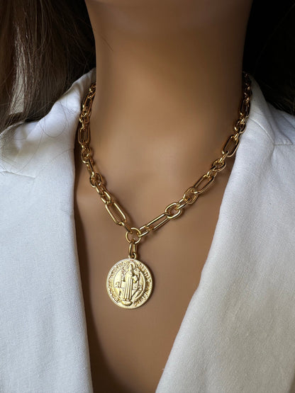 St. Benedict medallion necklace in 18k gold finish, handmade in Florida