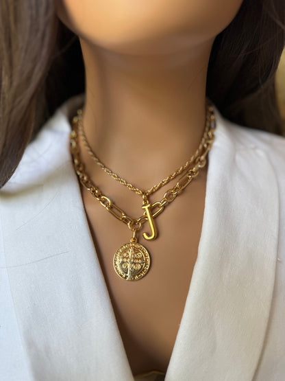 Religious medallion necklace set with tarnish-resistant gold finish