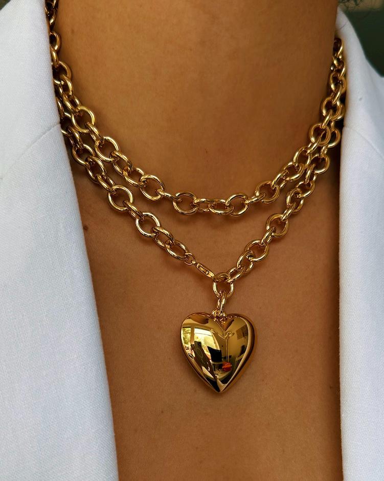 33” Gold Love Puff Heart Necklace | Long Gold Puffy Love Heart Pendant | Heart Bracelet Charm Big Love Heart Pendant Necklace Gift For Her