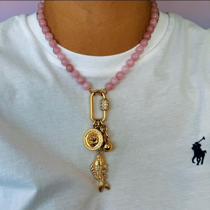 Gemstone beaded charm necklace with gold carabiner clasp by AVINZIA — handmade coastal jewelry