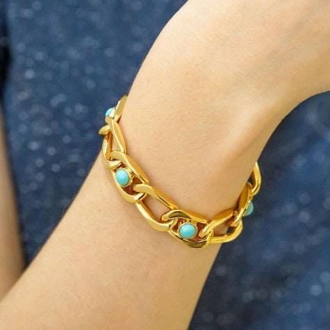 7” Gold Curb Chain Bracelet | Gold and Turquoise Bracelet For Women | Gift for Her | Summer Bracelet | 18k Gold Filled Bracelet