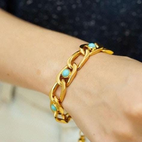 7” Gold Curb Chain Bracelet | Gold and Turquoise Bracelet For Women | Gift for Her | Summer Bracelet | 18k Gold Filled Bracelet