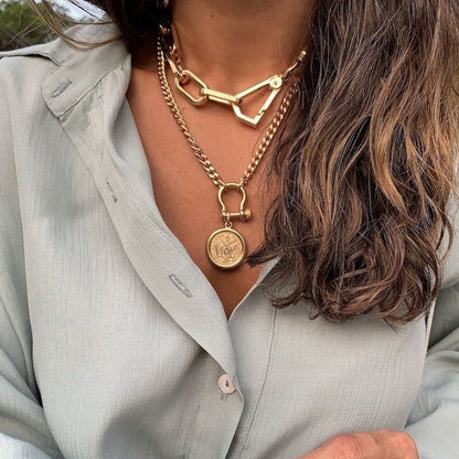 Gold chunky choker necklace with large padlock pendant — handmade in Florida by AVINZIA