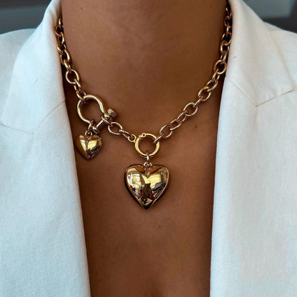 Gold Puff Heart Necklace | Heart Necklace, Puffy Heart Necklace, Puffed Heart Pendant, Chunky Heart Pendant, Front Clasp Charm Holder